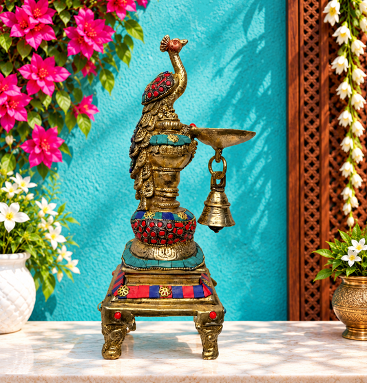 Brassaura® Brass Gemstone Work Peacock Diya with Gemstone Inlay Finish | Pure Superfine Brass Handcrafted Murti | Brass Statue for Home Temple, Pooja Room | Height 7.9 Inches | Weight 2 Kgs
