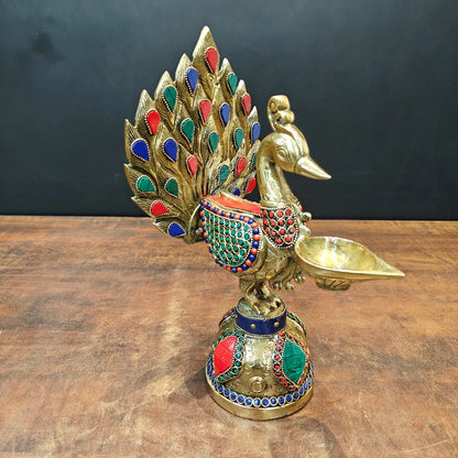 Brassaura® Brass Peacock Diya | Handcrafted Decorative Peacock Oil Lamp | Traditional Brass Deepak for Pooja, Festivals & Home Décor | 12 Inches | 3.6 Kg