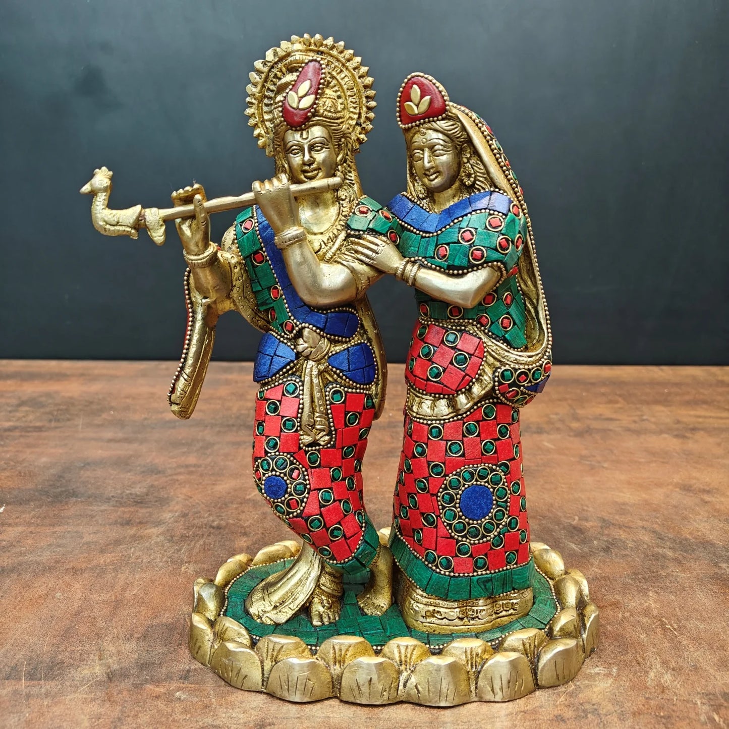Brassaura® Handcrafted Brass Radha Krishna Statue with Meenakari Work | Lord Krishna Playing Flute with Radha | Decorative Brass Idol for Home Temple & Spiritual Décor | 10 Inches | 4.2 Kg