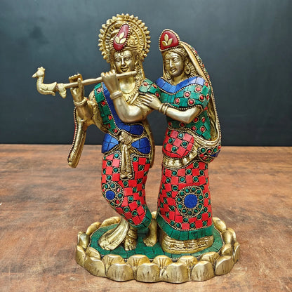 Brassaura® Handcrafted Brass Radha Krishna Statue with Meenakari Work | Lord Krishna Playing Flute with Radha | Decorative Brass Idol for Home Temple & Spiritual Décor | 10 Inches | 4.2 Kg