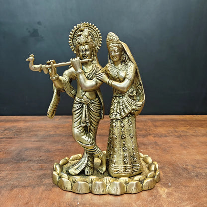 Brassaura® Brass Radha Krishna Statue | Lord Krishna Playing Flute with Radha | Divine Brass Idol for Home Temple & Spiritual Décor | 10 Inches | 4 Kg