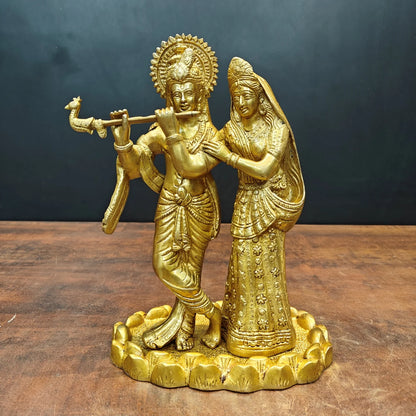 Brassaura® Brass Radha Krishna Statue | Lord Krishna Playing Flute with Radha | Divine Brass Idol for Home Temple & Spiritual Décor | 10 Inches | 4 Kg