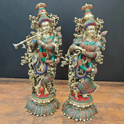 ब्रासोरा® वृंदावन वेणुगोपाल कृष्ण पीतल की प्रतिमा मोर के साथ | एंटीक नीला और सुनहरा रंग | ऊँचाई 20 इंच