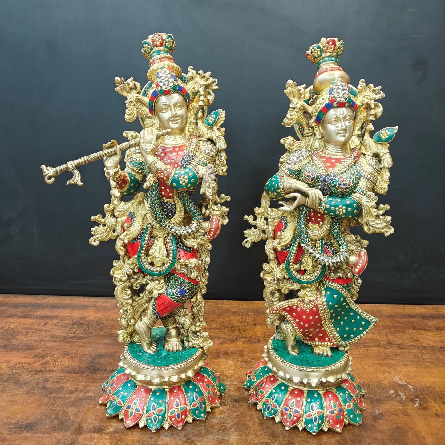 Brassaura® Handcrafted Brass Radha Krishna Idol Set with Stone Inlay Work | Premium Radha Krishna Statue for Home Temple, Living Room & Office Décor | 27 Inches | 38 Kg