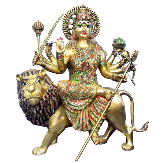 Brassaura® Brass Sherawali Mata Statue Seated on Lion | Height 34 Inches