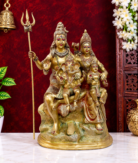 Brassaura® Shiva Parivaar Statue with Trishul in Rich Golden Brass Finish | Pure Superfine Brass Handcrafted Murti | Brass Statue for Home Temple, Pooja Room | Height 28.74 Inches | Weight 44 Kgs