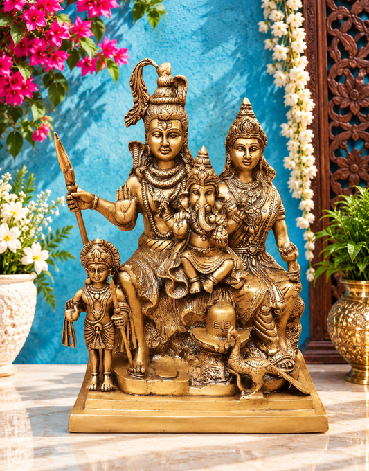 Brassaura® Brass Shiv Parivar Statue with Golden Brass Finish | Pure Superfine Brass Handcrafted Murti | Brass Statue for Home Temple, Pooja Room | Height 16 Inches | Weight 14.6 Kgs