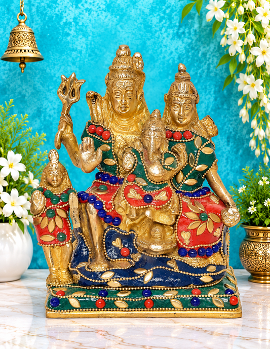 Brassaura® Brass Shiv Parivar Statue with Multicolor Artistic Finish | Pure Superfine Brass Handcrafted Murti | Brass Statue for Home Temple, Pooja Room | Height 6 Inches | Weight 1.5 Kgs