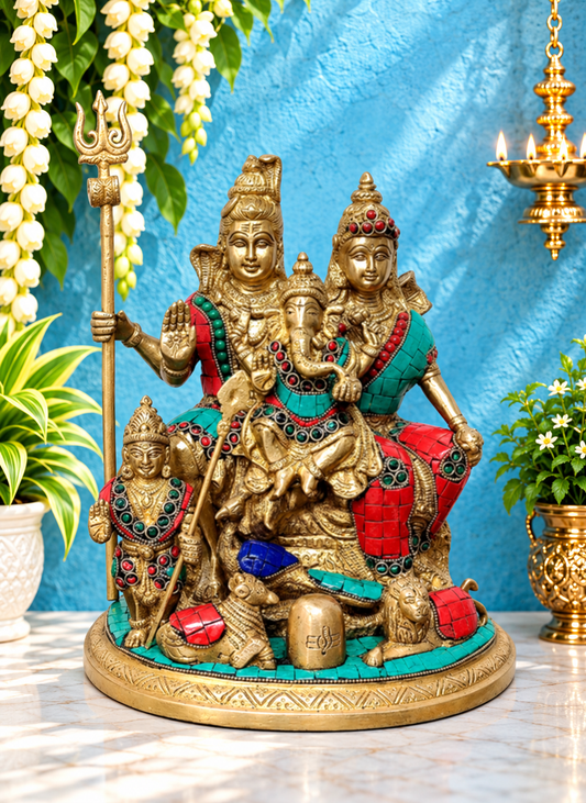 Brassaura® Brass Shiv Parivar Idol with Multicolour Semi-Precious Gemstone Inlay Finish | Pure Superfine Brass Handcrafted Murti | Brass Statue for Home Temple, Pooja Room | Height 9.4 Inches | Weight 5 Kgs