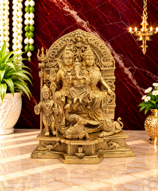 Brassaura® Brass Shiv Pariwaar Statue with Traditional Golden Brass Finish | Pure Superfine Brass Handcrafted Murti | Brass Statue for Home Temple, Pooja Room | Height 12 Inches | Weight 6.8 Kgs