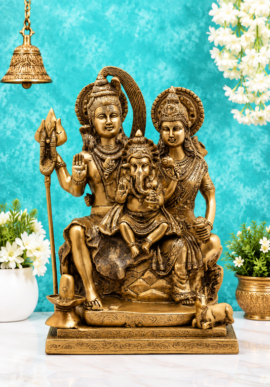 Brassaura® Shiv Parivar Statue with Antique Finish | Pure Superfine Brass Handcrafted Murti | Brass Statue for Home Temple, Pooja Room | Height 17.52 Inches | Weight 17 Kgs