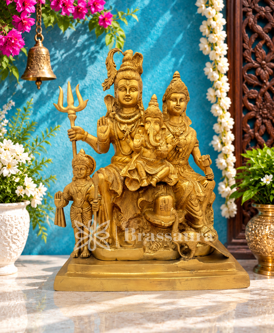Brassaura® Brass Shiv Parivar Statue with Traditional Golden Brass Finish | Pure Superfine Brass Handcrafted Murti | Brass Statue for Home Temple, Pooja Room | Height 15 Inches | Weight 14.55 Kgs