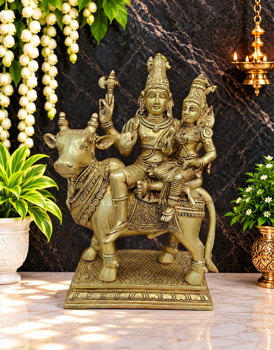 Brassaura® Shiv Parivar on Nandi Brass Statue | Traditional Handcrafted Finish | Height 16 Inches | Weight 12.5 kgs
