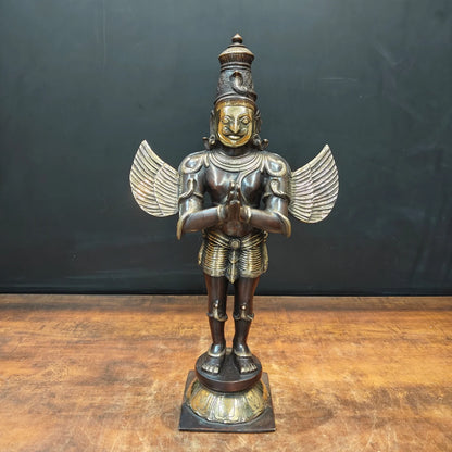Brassaura® Brass Garuda Statue | Standing Garuda with Namaste Pose | Sacred Vishnu Vahana Idol for Home Temple, Pooja Room & Vastu Décor | Antique Finish | 23 Inch | 9.5 Kg
