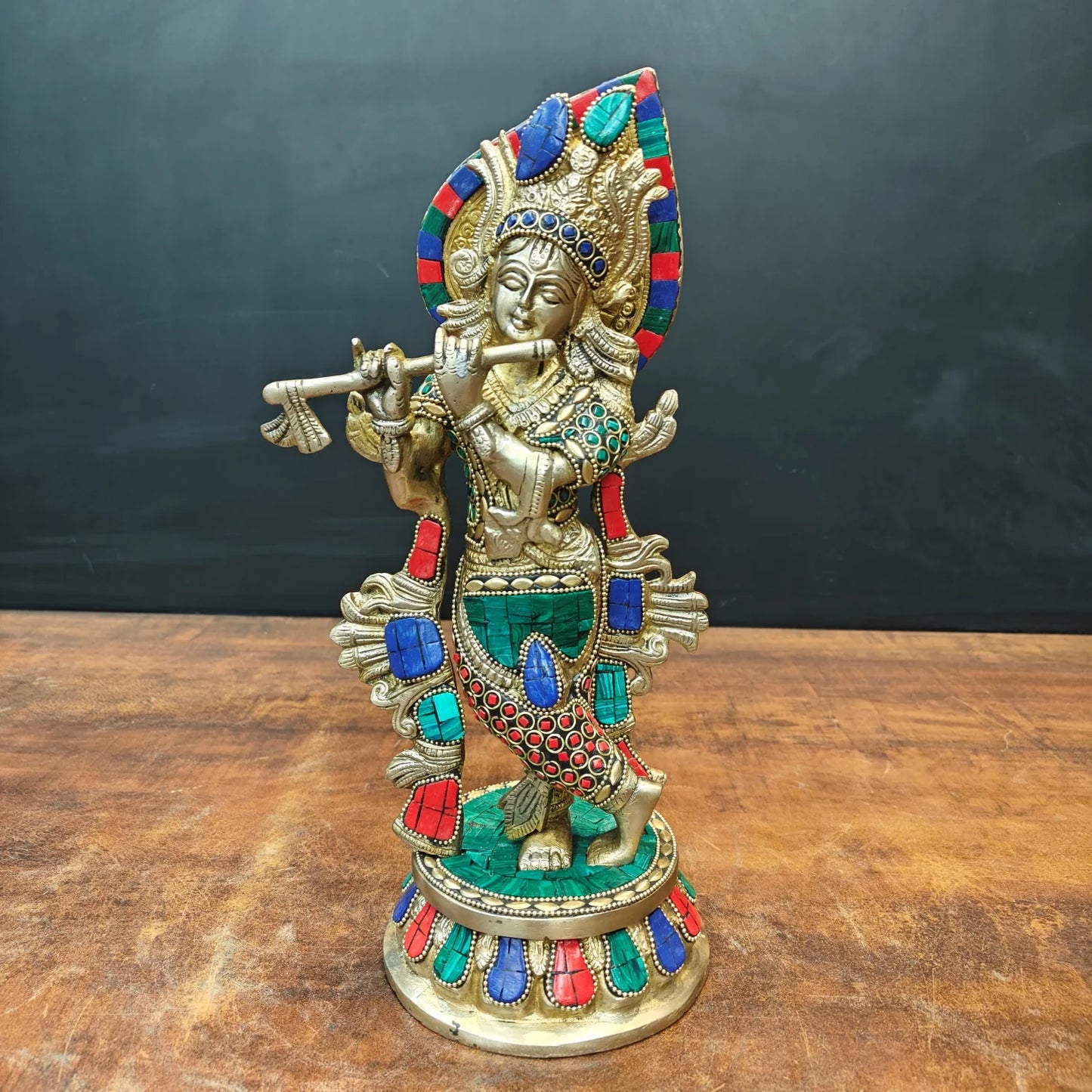 ब्रासोरा® वृंदावन वेणुगोपाल कृष्ण पीतल की प्रतिमा मोर के साथ | एंटीक नीला और सुनहरा रंग | ऊँचाई 20 इंच