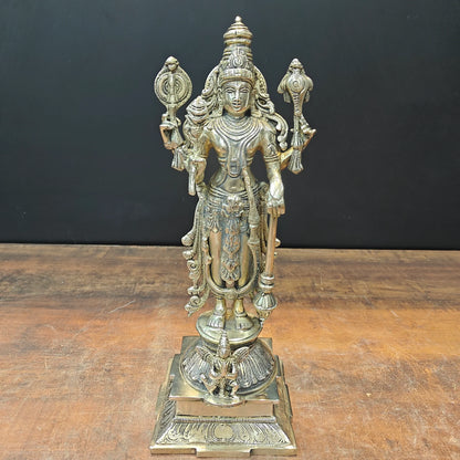 Brassaura® Lord Vishnu Brass Idol | Handcrafted Standing Vishnu Murti for Home Temple, Spiritual Décor & Vastu | 14.5 Inches | 5 Kg