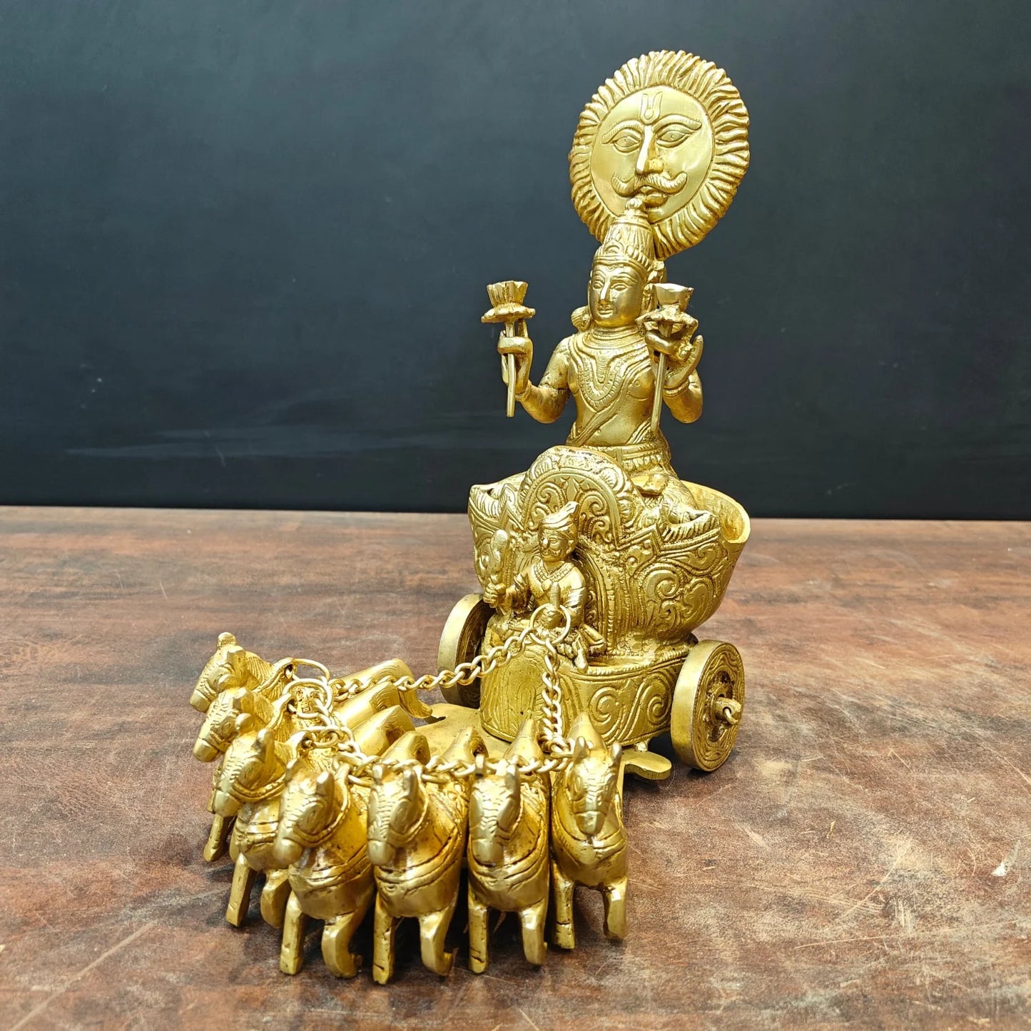 Brassaura® 12 Inch Brass Surya Dev Rath Statue | Handcrafted Sun God Idol with Seven Horses for Home Temple & Spiritual Décor | Antique Finish | 7.5 Kg