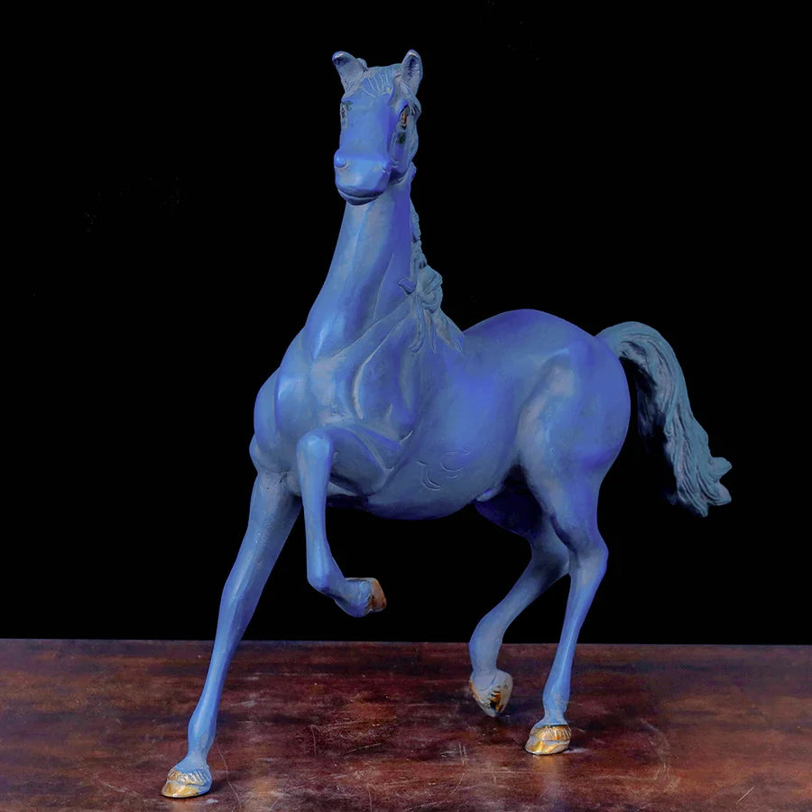 Brassaura® Horse Standing Sculpture with Antique Blue Finish | Pure Superfine Brass Handcrafted Murti | Brass Statue for Home Temple, Pooja Room | Height 15 Inches | Weight 7.5 Kgs