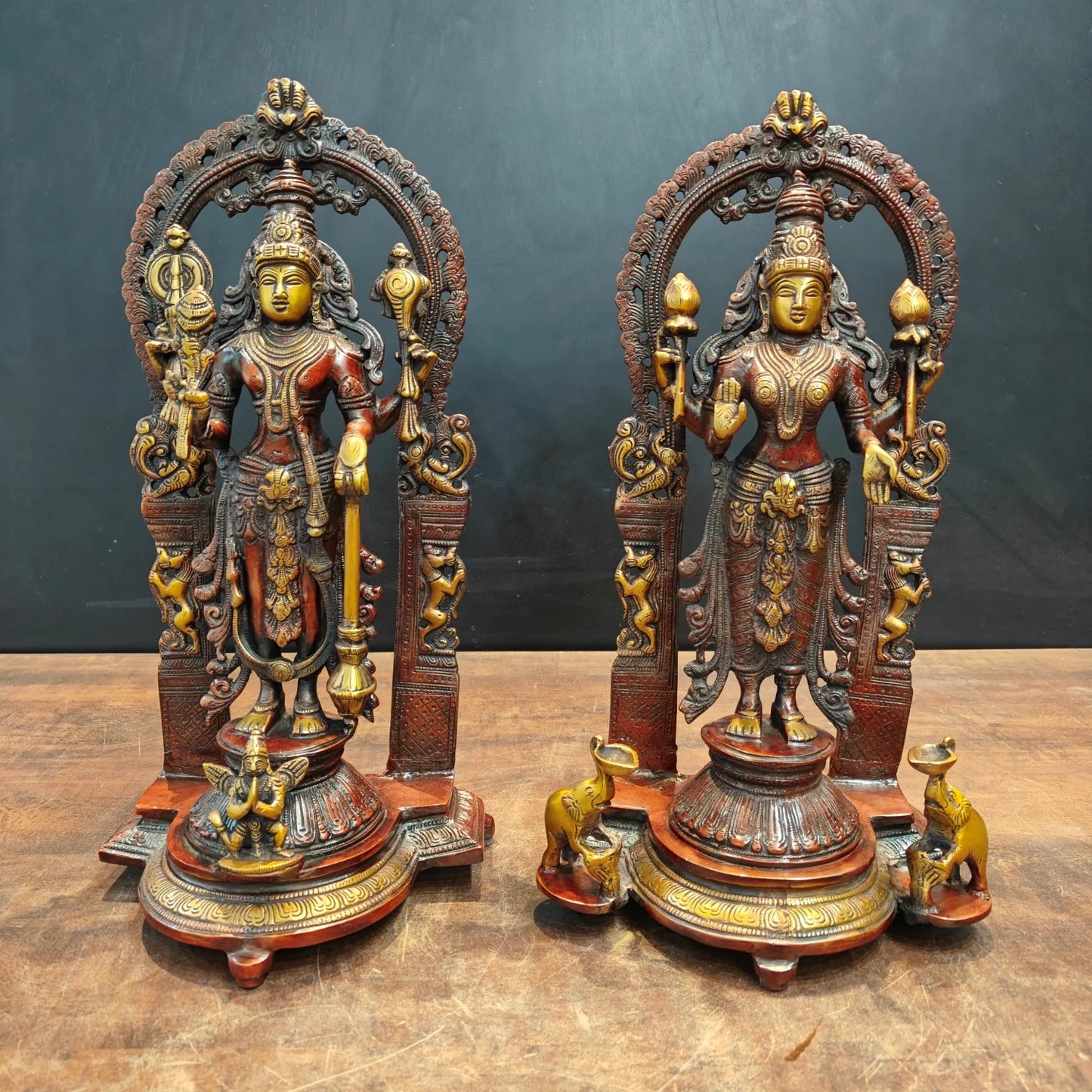 Brassaura® 16 Inch Brass Lakshmi Narayana Statue Set | Handcrafted Lakshmi Vishnu Idols for Home Temple, Pooja Room & Spiritual Décor | Antique Finish | 12 Kg