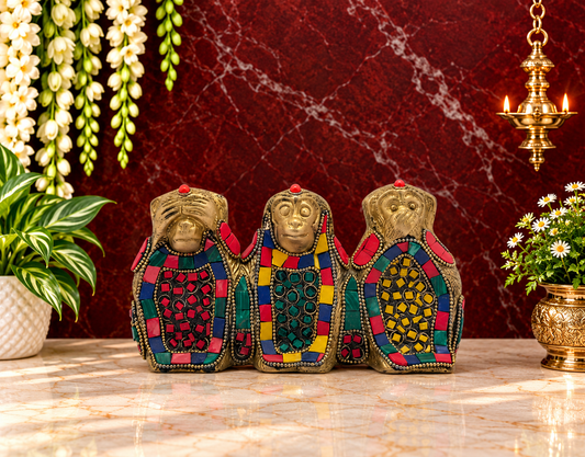 Brassaura® Three Wise Monkeys Brass Idol with Gem Stone Work | See No Evil, Hear No Evil, Speak No Evil | Height 3.5 Inches & Weight 1.4 Kgs
