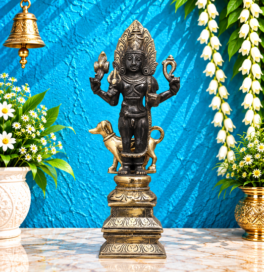Brassaura® Kaal Bhairava Brass Statue with Black & Gold Finish | Divine Guardian & Protector | Height 11.1 Inches & Weight 2.95 Kgs