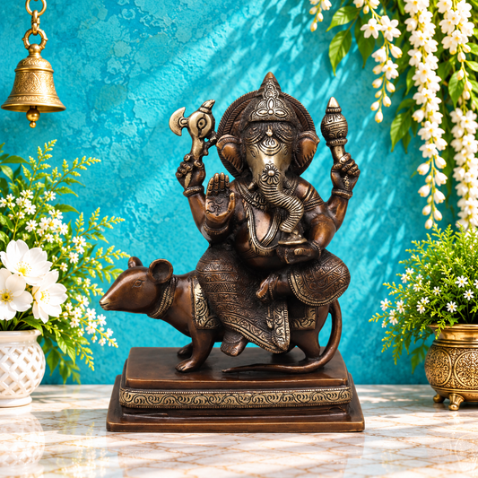 Brassaura® Lord Ganesha on Mushak Statue | Antique Copper Finish Brass Sculpture | Height 9.5 Inches & Weight 3.74 Kgs