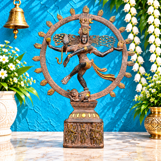 ब्रासोरा® वृंदावन वेणुगोपाल कृष्ण पीतल की प्रतिमा मोर के साथ | एंटीक नीला और सुनहरा रंग | ऊँचाई 20 इंच