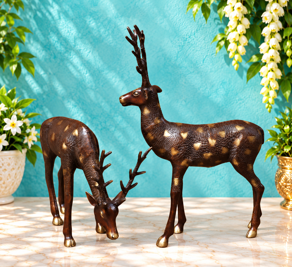 Brassaura® Pair of Copper Brown Brass Deer Sculptures | Handcrafted Grand Décor Showpieces | Height 28 Inches & Weight 23.5 Kgs