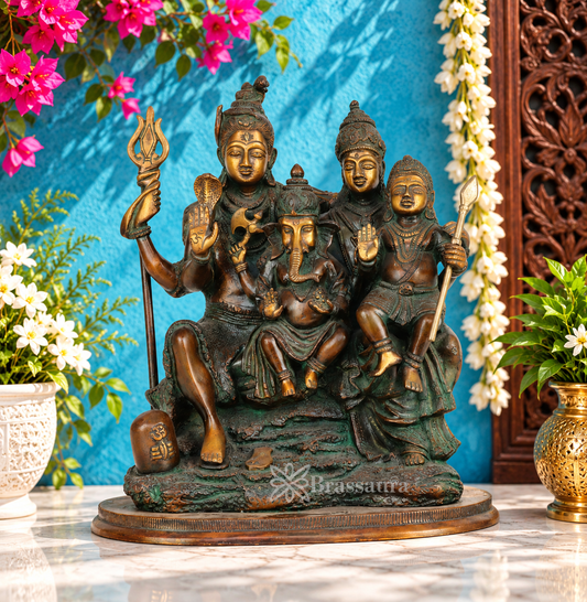 Brassaura® Brass Shiv Parivar Statue with Antique Gold and Copper Green Finish | Pure Superfine Brass Handcrafted Murti | Brass Statue for Home Temple, Pooja Room | Height 12 Inches | Weight 9.2 Kgs