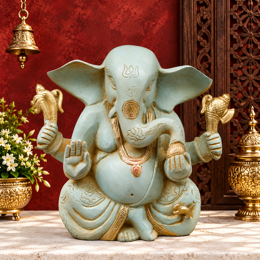 Brassaura® Brass Lord Ganesha Idol | Seated Ganpati Murti with Traditional Detailing & Blessing Pose | Sacred Brass Sculpture for Home Temple, Spiritual Décor & Gifting | 7.5 Inches | 3.3 Kg