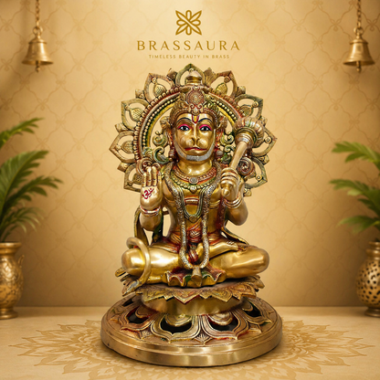 Brassaura® Brass Seated Hanuman on Lotus Throne | Height 17.72 Inches