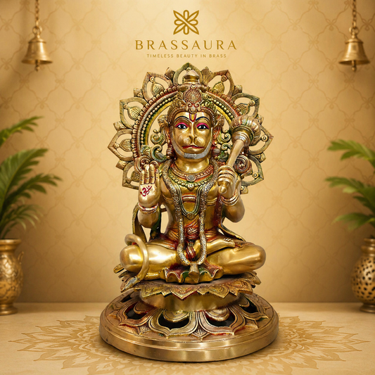 Brassaura® Brass Seated Hanuman on Lotus Throne | Height 17.72 Inches