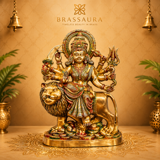 Brassaura® Brass Durga Statue Seated on Lion | Height 25.19 Inches