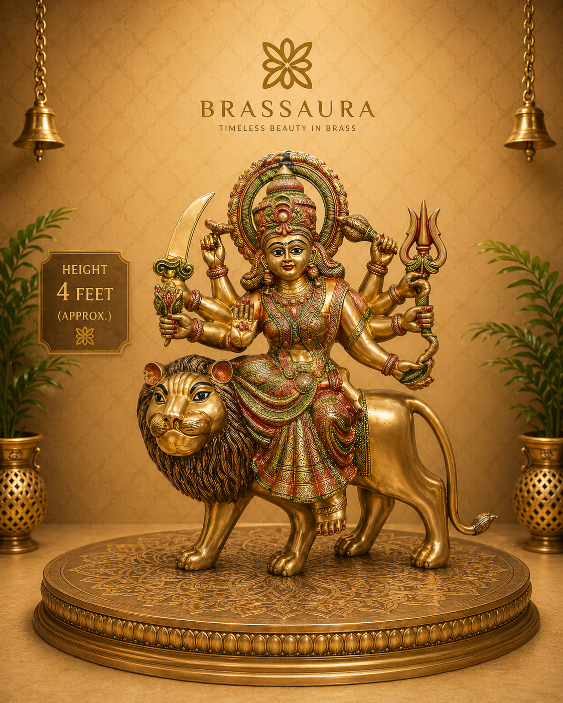 Brassaura® Brass Durga Statue on Lion | Height 23 Inches