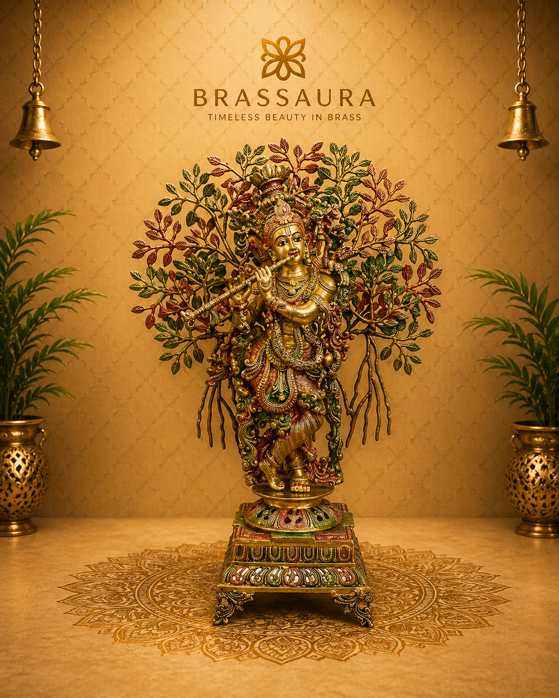 Brassaura® Brass Krishna Under Kalpavriksha Tree Statue | Height 34 Inches