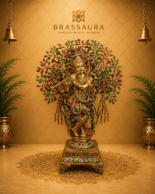 Brassaura® Brass Krishna Under Kalpavriksha Tree Statue | Height 34 Inches