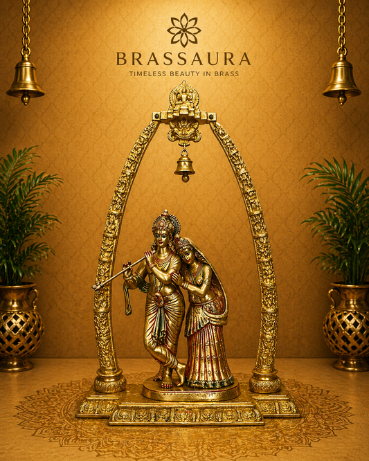 Brassaura® Brass Shri Radha-Krishna Murti with Prem Mandap & Ghanti Shringar | Height 44 Inches