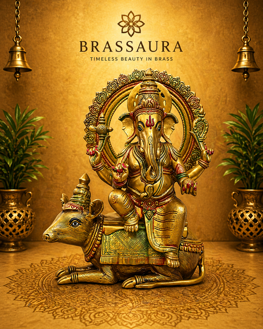 Brassaura® Brass Ganesha on Nandi Sacred Vedic Sculpture | Height 16 Inches
