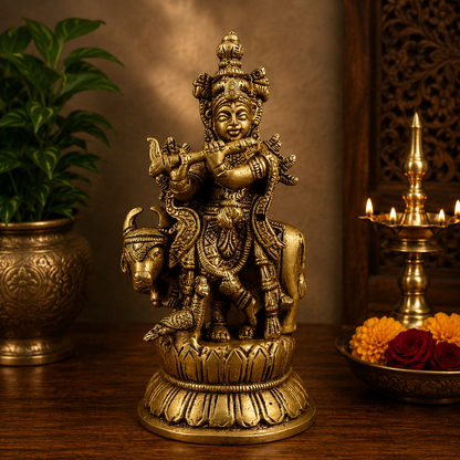 Brassaura® Brass Lord Krishna Playing Flute with Cow Idol | Handcrafted Gopal Krishna Murti for Home Temple, Mandir & Spiritual Décor | Height 4.3 Inches | Weight 300 Grams
