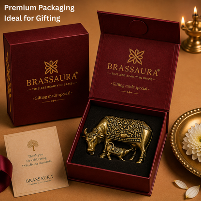 Brassaura® Kamdhenu Cow With Calf Standing Idol with Antique Finish | Pure Superfine Brass Handcrafted Murti | Brass Statue for Home Temple, Pooja Room | Height 1.5 Inches | Weight 0.030 gm
