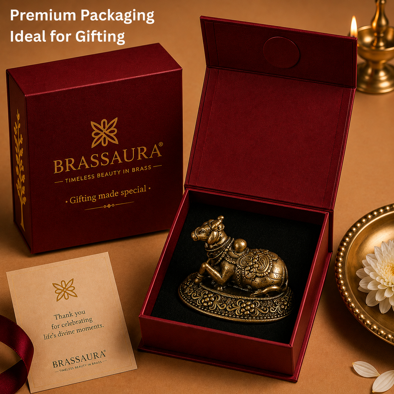 Brassaura® Nandi Sitting Idol with Antique Finish | Pure Superfine Brass Handcrafted Murti | Brass Statue for Home Temple, Pooja Room | Height 0.8 Inches | Weight 0.020 gm