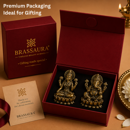 Brassaura® Lakshmi Ganesha Sitting Idol Set with Antique Finish | Pure Superfine Brass Handcrafted Murti | Brass Statue for Home Temple, Pooja Room | Height 1.4 Inches | Weight 0.050 gm