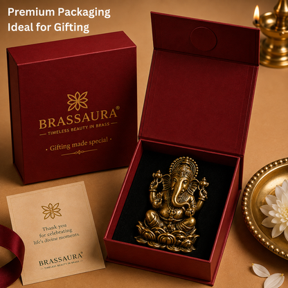 Brassaura® Ganesha Sitting Idol with Antique Finish | Pure Superfine Brass Handcrafted Murti | Brass Statue for Home Temple, Pooja Room | Height 1.3 Inches | Weight 0.020 gm