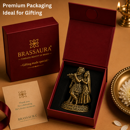 Brassaura® Radha Krishna Standing Playing Flute Idol with Antique Finish | Pure Superfine Brass Handcrafted Murti | Brass Statue for Home Temple, Pooja Room | Height 2.3 Inches | Weight 0.040 gm