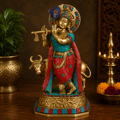 घर और सजावट के लिए पीतल की कृष्ण मूर्ति, लिविंग रूम, ऊंचाई 60 सेमी, वज़न 9.3 किग्रा