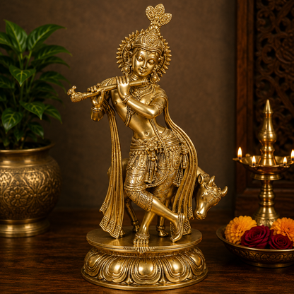Brassaura® Krishna Standing Playing Flute with Cow Idol with Polished Finish | Pure Superfine Brass Handcrafted Murti | Brass Statue for Home Temple, Pooja Room | Height 15 Inches | Weight 4.5 Kgs