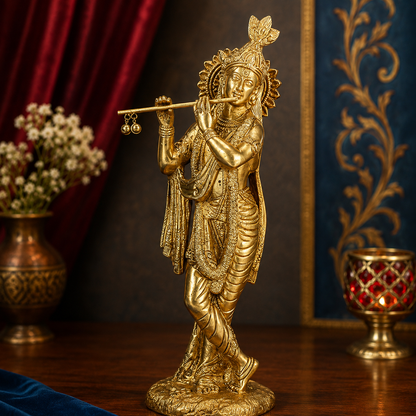 Brassaura® Krishna Standing Playing Flute Idol with Polished Finish | Pure Superfine Brass Handcrafted Murti | Brass Statue for Home Temple, Pooja Room | Height 10 Inches | Weight 1.5 Kgs
