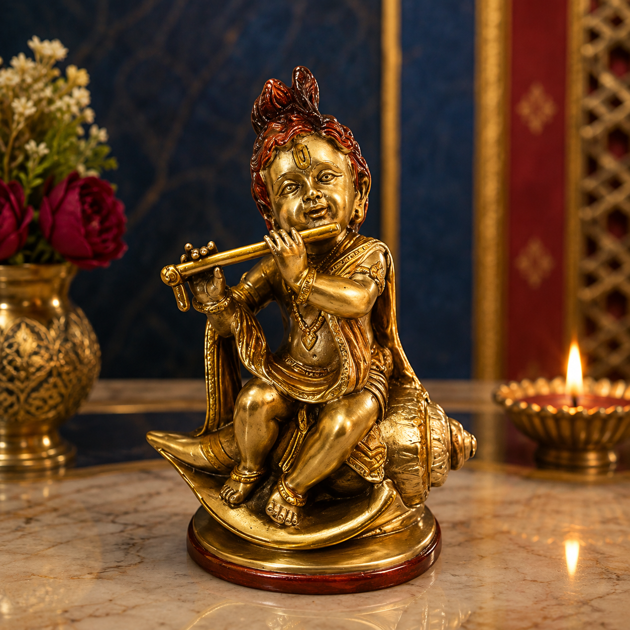 Brassaura® Bala Krishna Sitting Playing Flute Idol with Multi-Color Finish | Pure Superfine Brass Handcrafted Murti | Brass Statue for Home Temple, Pooja Room | Height 9 Inches | Weight 1.8 Kgs