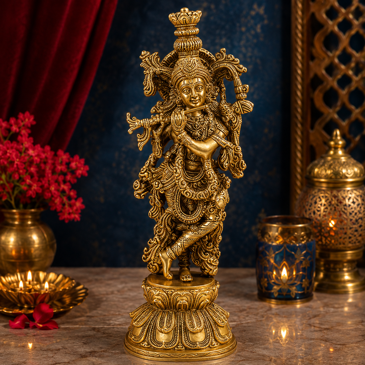 Brassaura® Krishna Standing Playing Flute Idol with Polished Finish | Pure Superfine Brass Handcrafted Murti | Brass Statue for Home Temple, Pooja Room | Height 14 Inches | Weight 2.9 Kgs