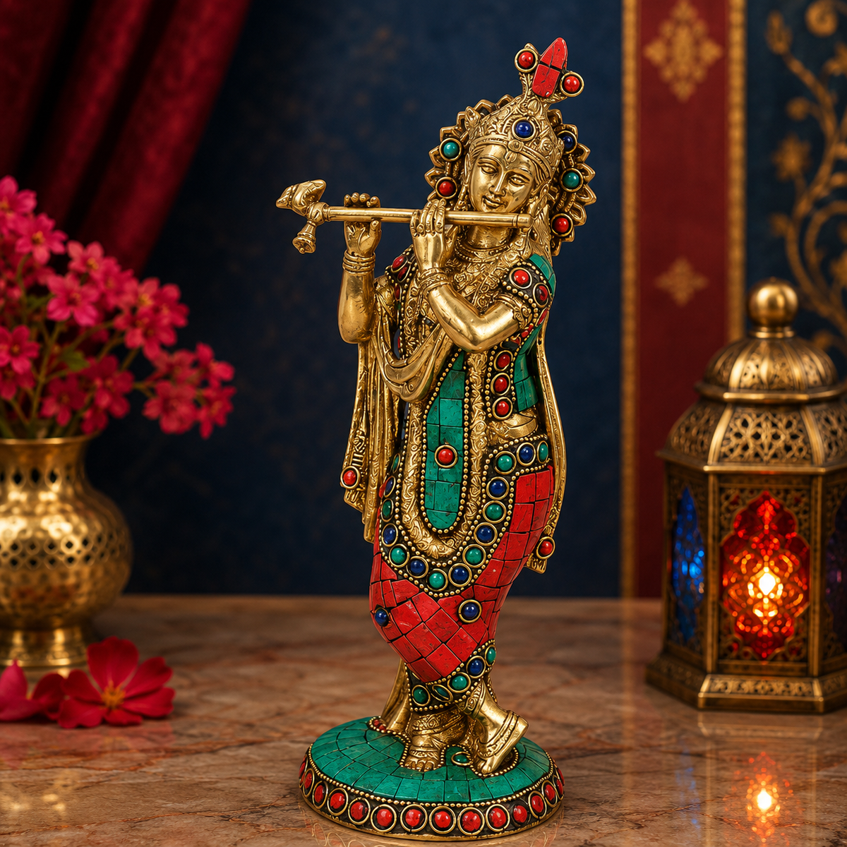 Brassaura® Krishna Standing Playing Flute Idol with Multi-Color Stone Finish | Pure Superfine Brass Handcrafted Murti | Brass Statue for Home Temple, Pooja Room | Height 10 Inches | Weight 1.7 Kgs